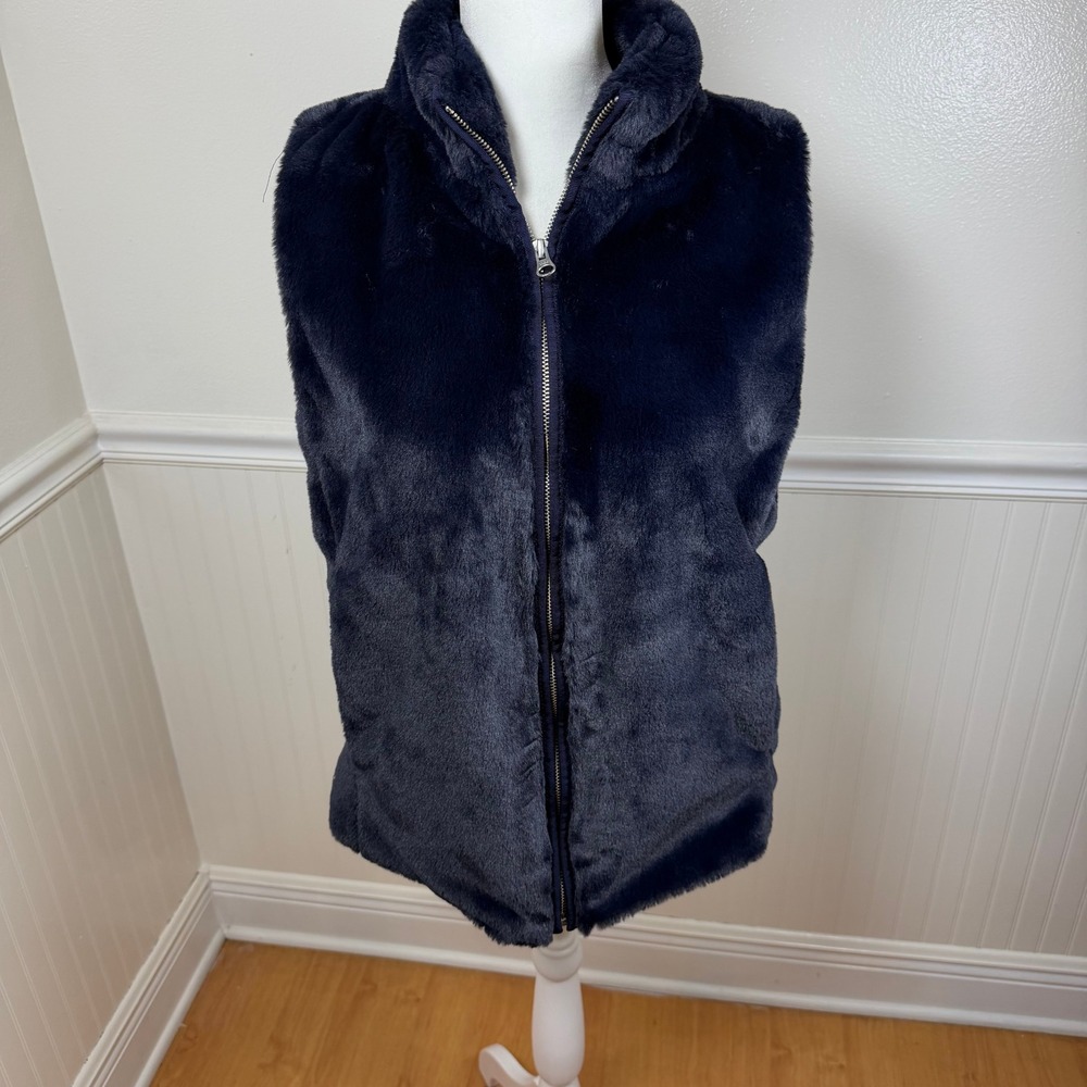 J.Crew Faux Fur Vest Women Size S Navy Blue‎ Full Zip K2216